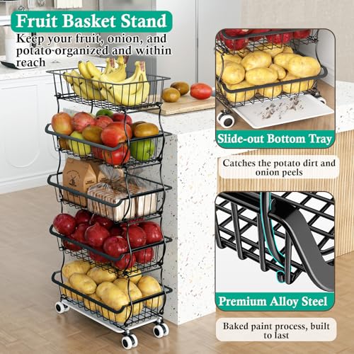 5 Tier Wire Fruit Basket with Wheels X93299