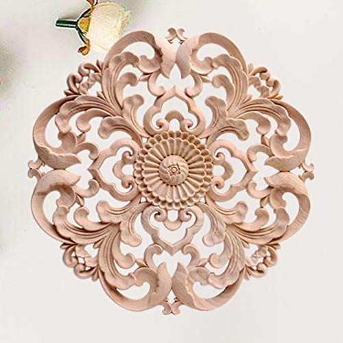 Wood Carved Onlay Applique Round Flower Unpainted Corner Decal Wood Wall Art 15x15cm V99271