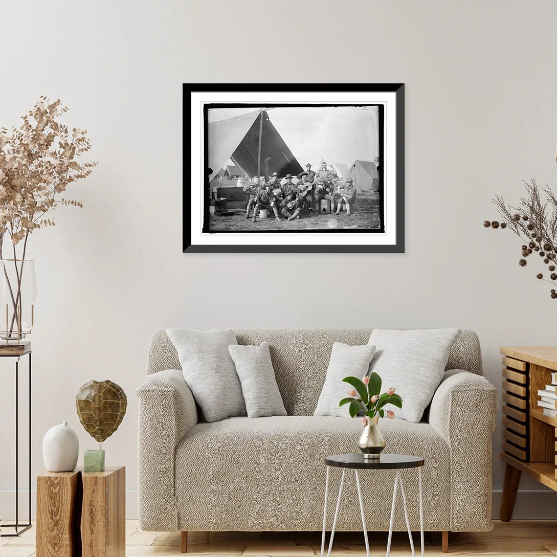 Historic Framed Print, U.S. Army group of soldiers in front of tent, 17-7/8" x 21-7/8" C23844