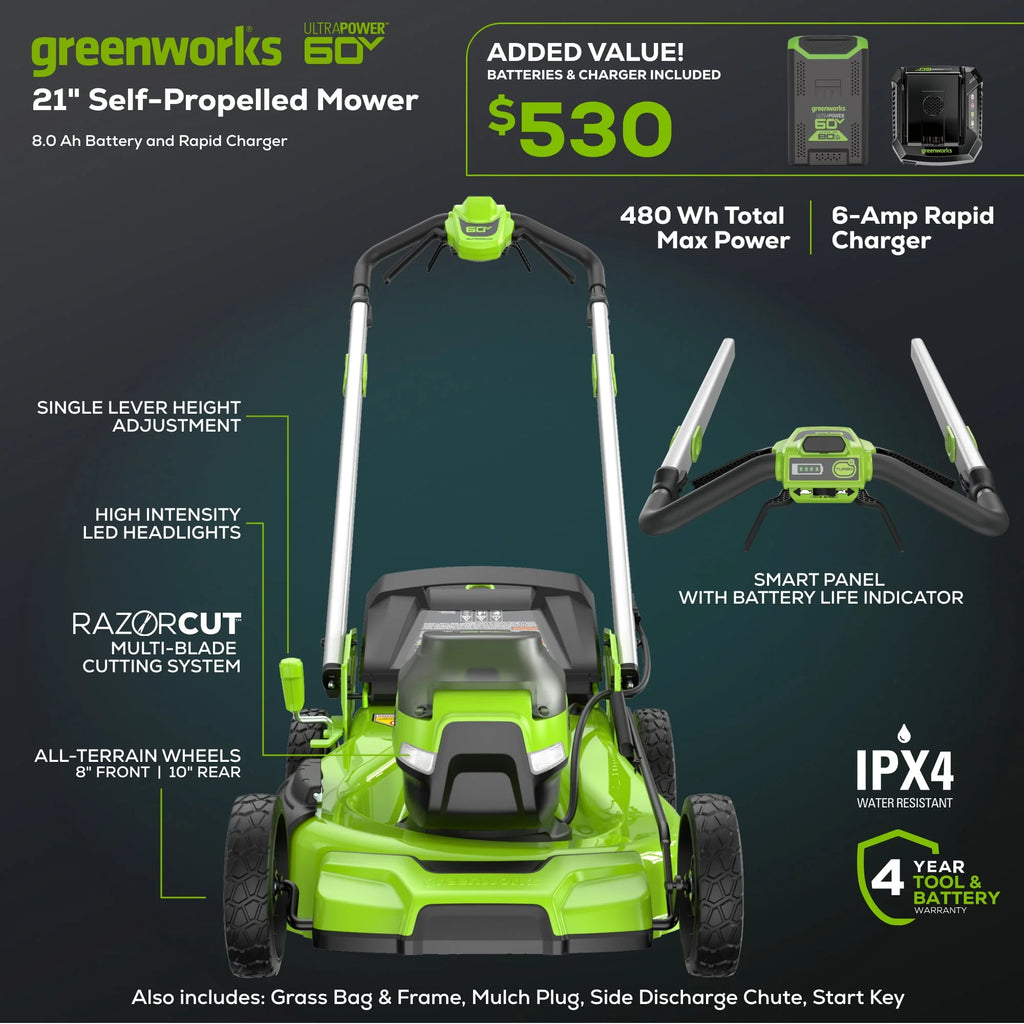 60V 21 Self Propelled Lawn Mower with 8.0 Ah Battery & Rapid Charger U415