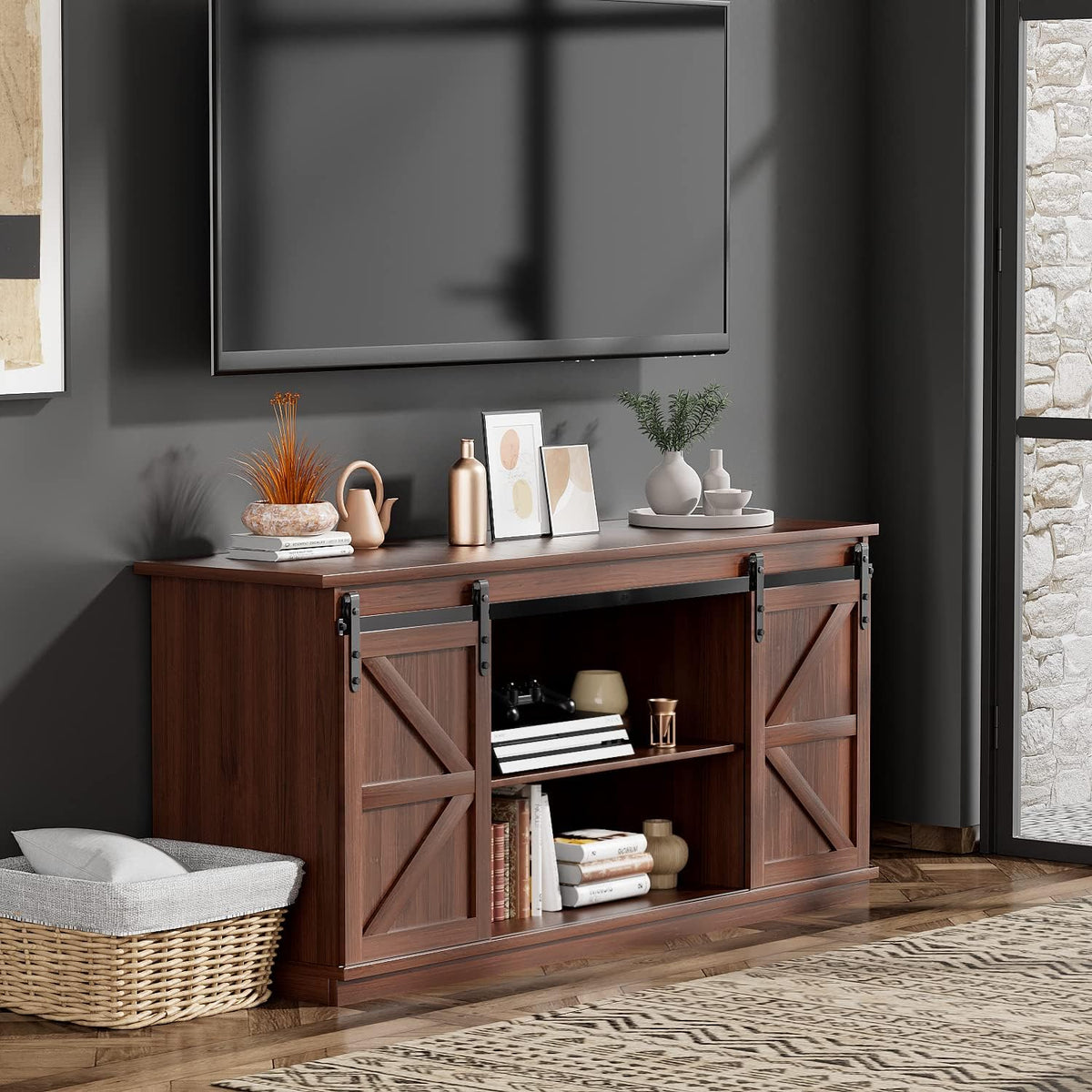 Brown TV Stand with Sliding Barn Doors and Storage Cabinets E195724