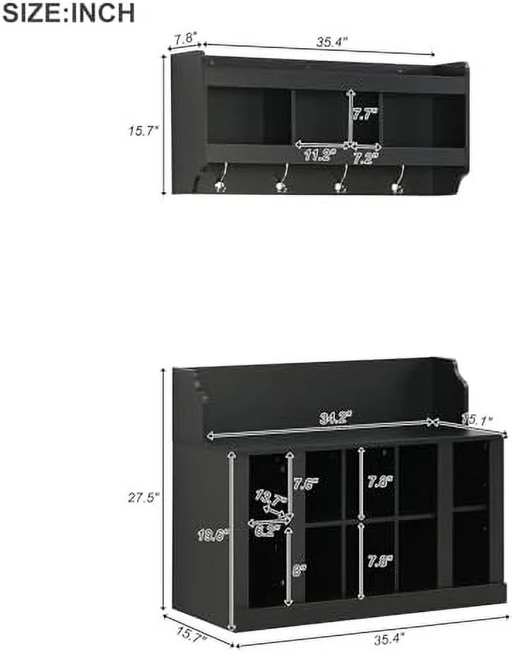 Black Entryway Hall Tree with Shoe Cabinet Bench and 8 Hooks Y982348