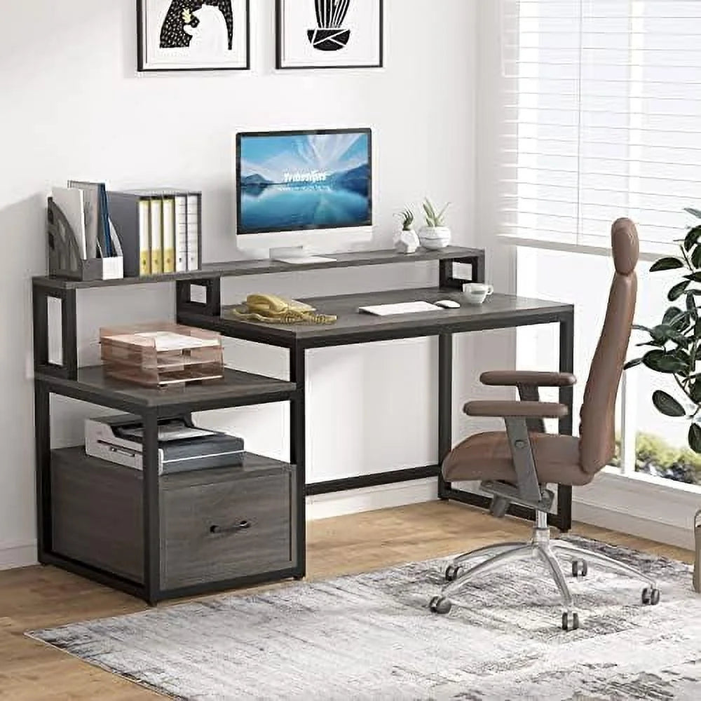 60 inch Computer Desk with File Drawer and Shelves D950