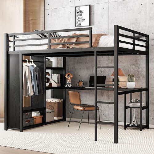 Full Size White Metal Loft Bed with Desk and Wardrobe B67150