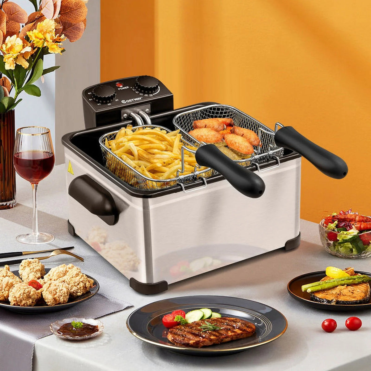 5.3Qt Stainless Steel Electric Deep Fryer with Triple Basket P24462