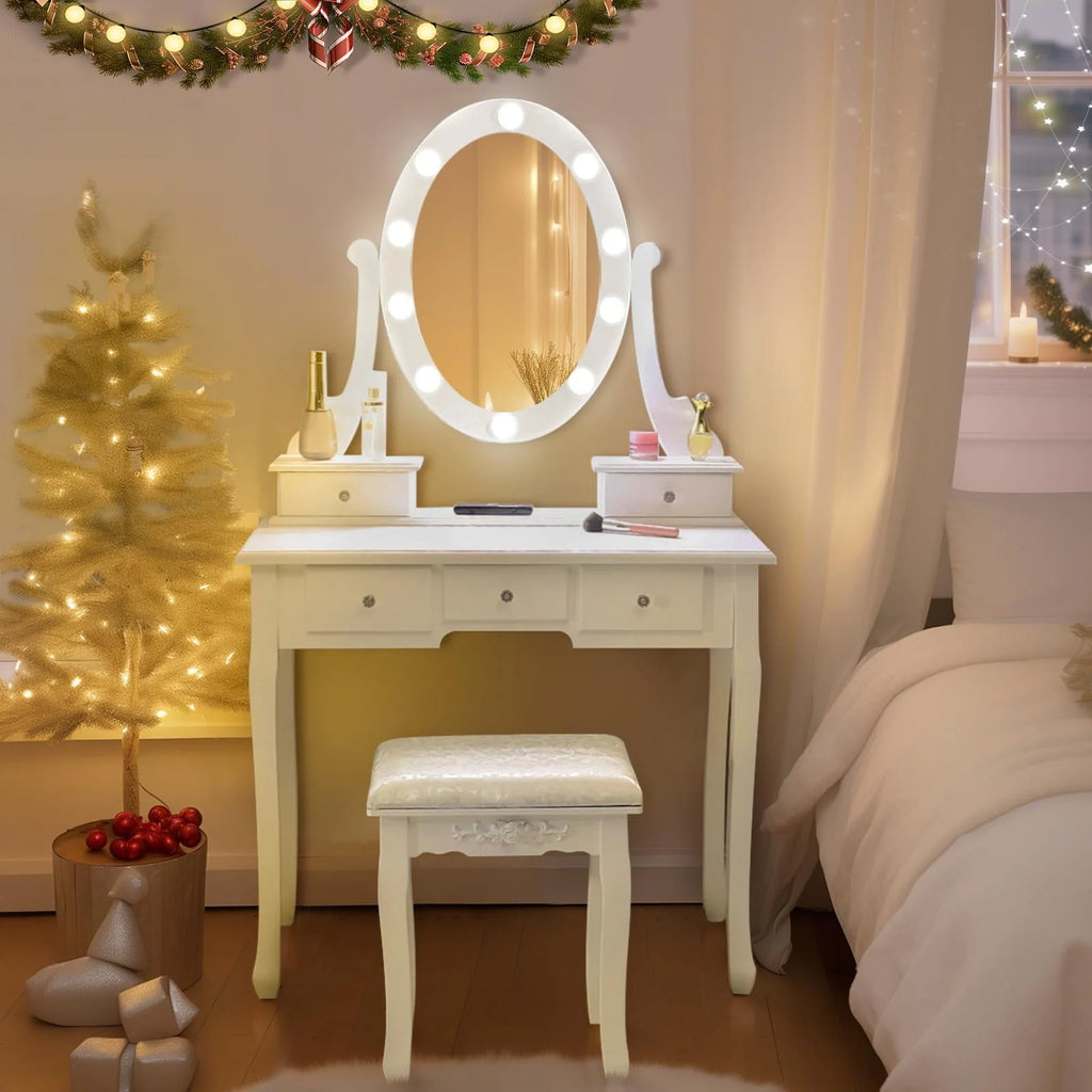 White 5 Drawer Vanity Table with Cushioned Stool Set V5754