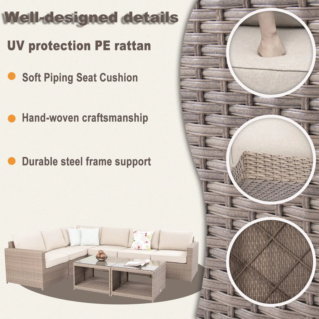 Wicker Patio Furniture Conversation Set Outdoor Rattan Sectional Couch Sofa with Coffee Table (12PCS Light Brown) K892759