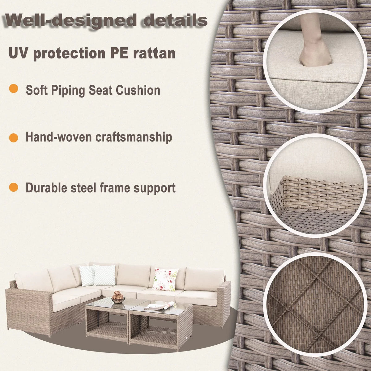 Wicker Patio Furniture Conversation Set Outdoor Rattan Sectional Couch Sofa with Coffee Table (12PCS Light Brown) K892759