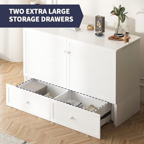 Queen Size White Murphy Bed with Tri-Folding Mattress and Storage Drawer A320