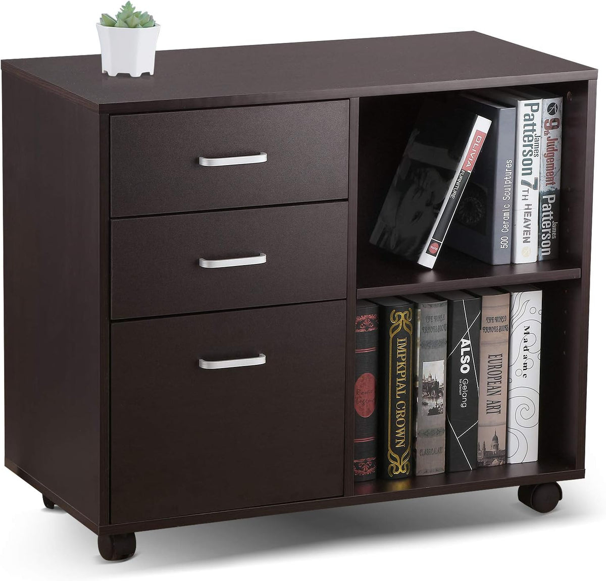Oak Black 3 Drawer Mobile Wood File Cabinet with Wheels N7658