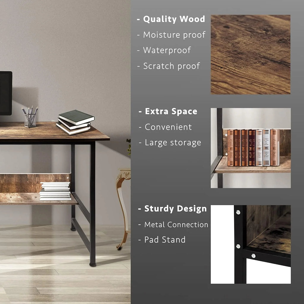 55" Wood Office Desk with Metal Legs and Book Shelf W37143