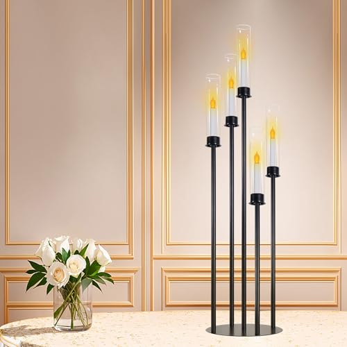 Black 5 Head Glass Cylinders Metal Candelabra F264413
