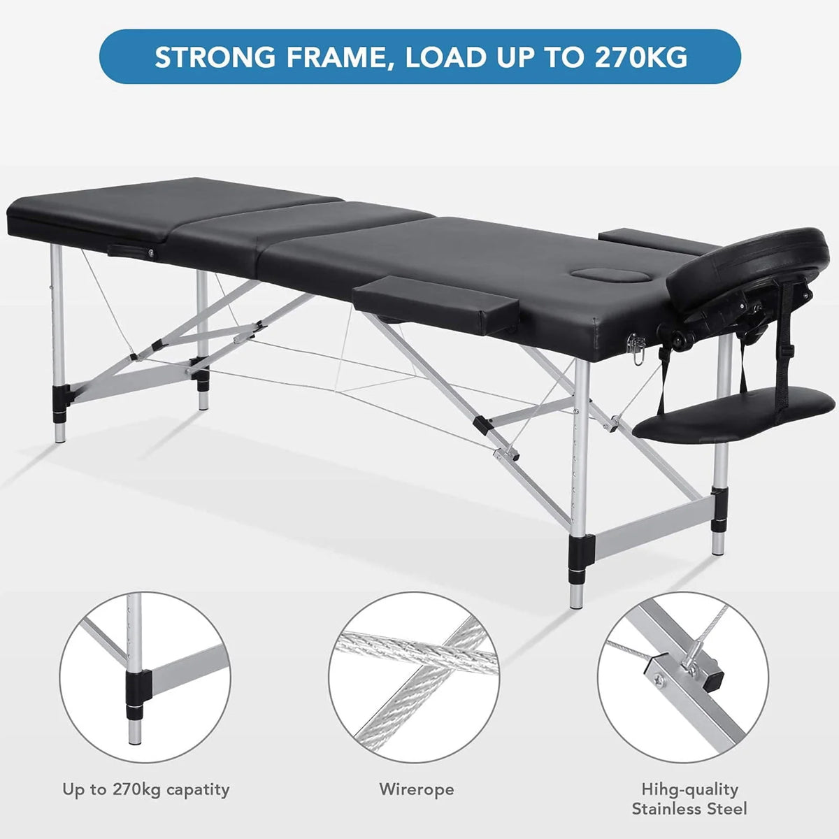 Portable Height Adjustable 3 Sections Wooden Massage Table with Face Hole and Carrying Bag Q204191