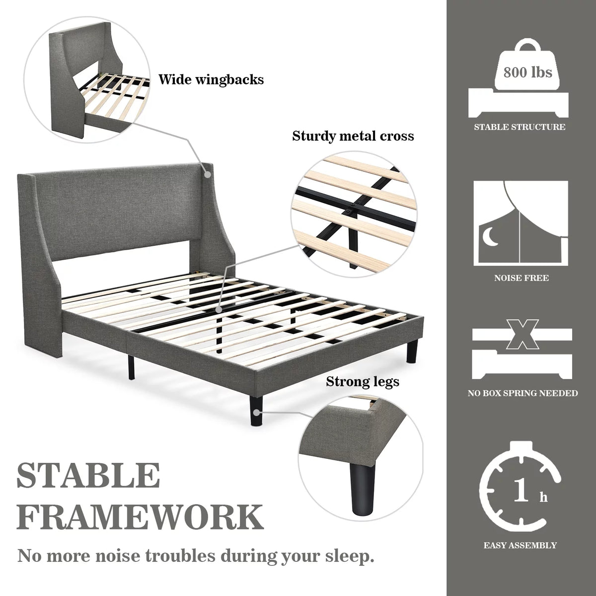 Queen Size Light Grey Upholstered Platform Bed Frame Y1821