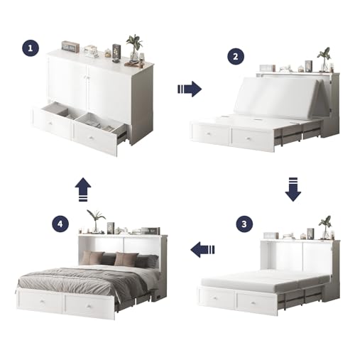 Queen Size White Murphy Bed with Tri-Folding Mattress and Storage Drawer A320