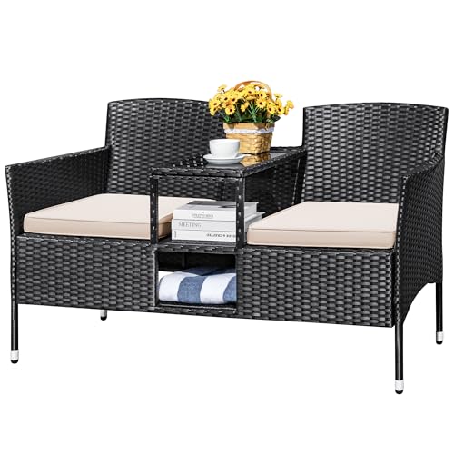 Beige Rattan 2-Seat Patio Loveseat with Cushions U9235