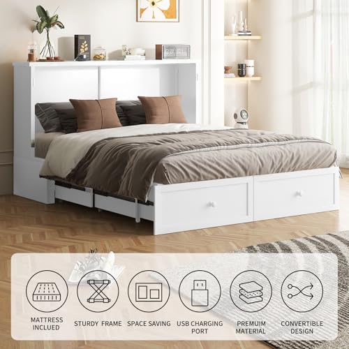 Queen Size White Murphy Bed with Tri-Folding Mattress and Storage Drawer A320