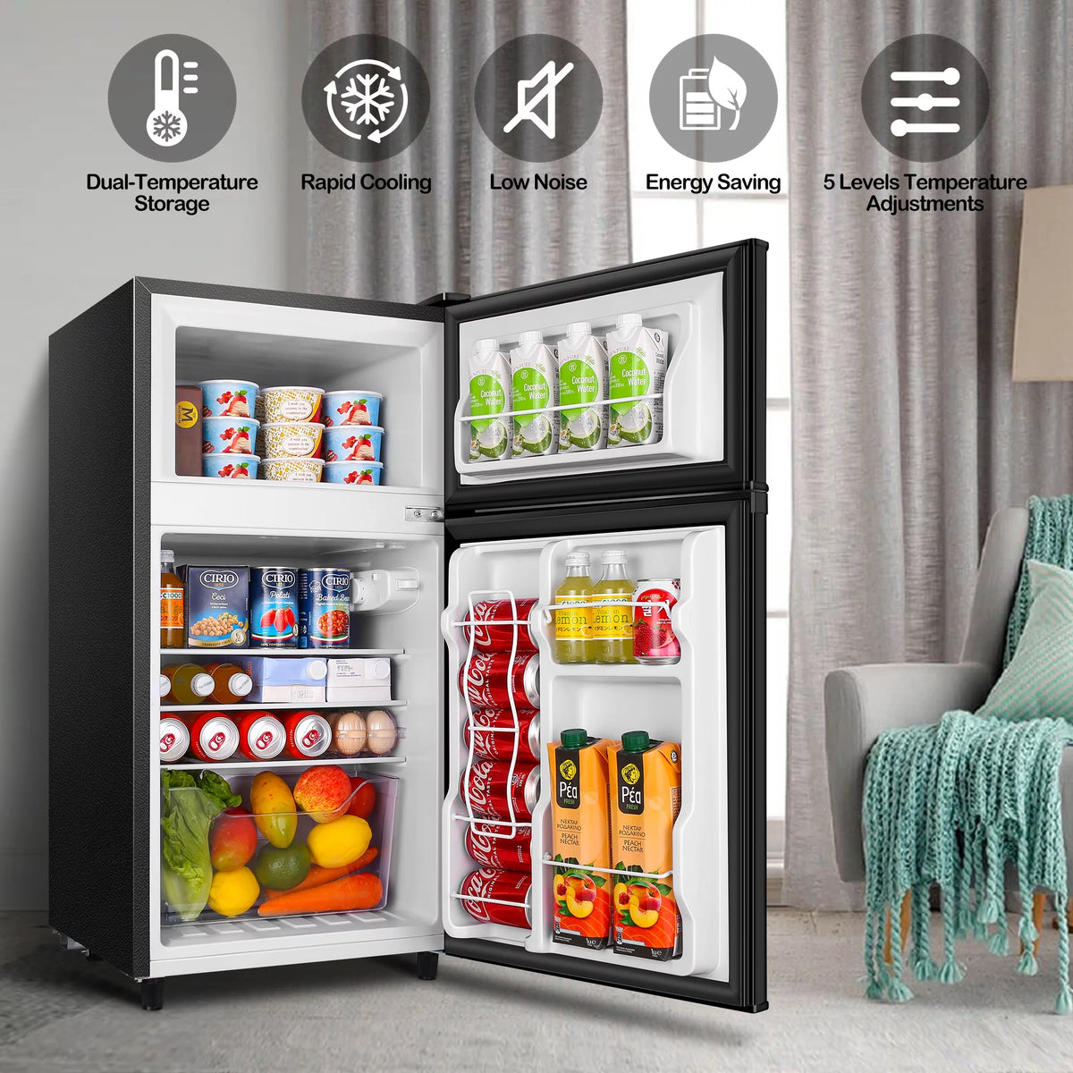 3.5 Cu ft Two Door Mini Fridge with Freezer, Black L471331