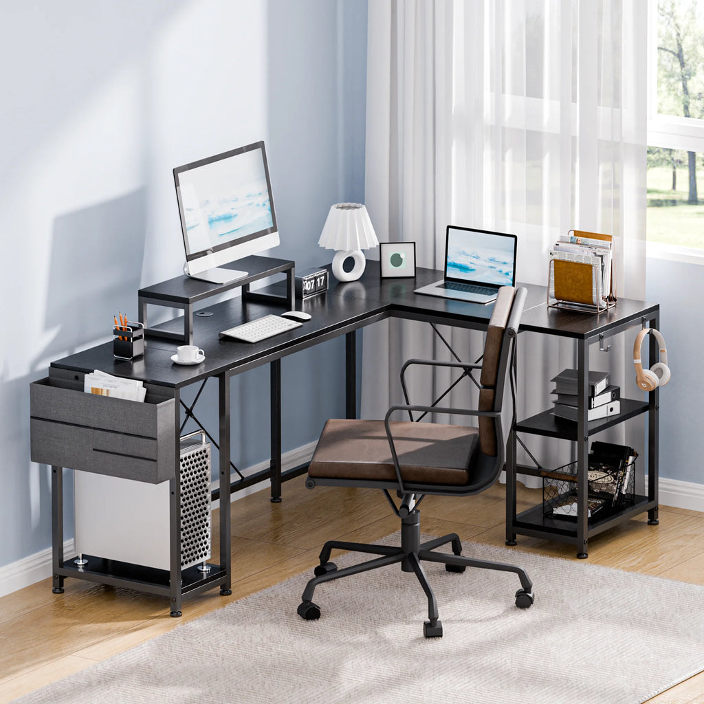 66 Inch Black L-Shaped Corner Desk with Shelves D77435