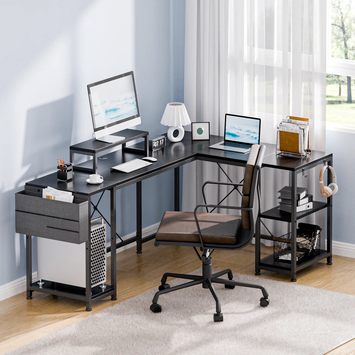 66 Inch Black L-Shaped Corner Desk with Shelves D77435