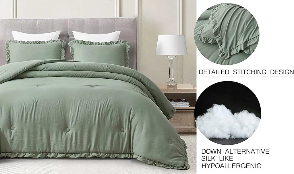 Sage Green Ruffled Edge Microfiber Comforter Set B176366