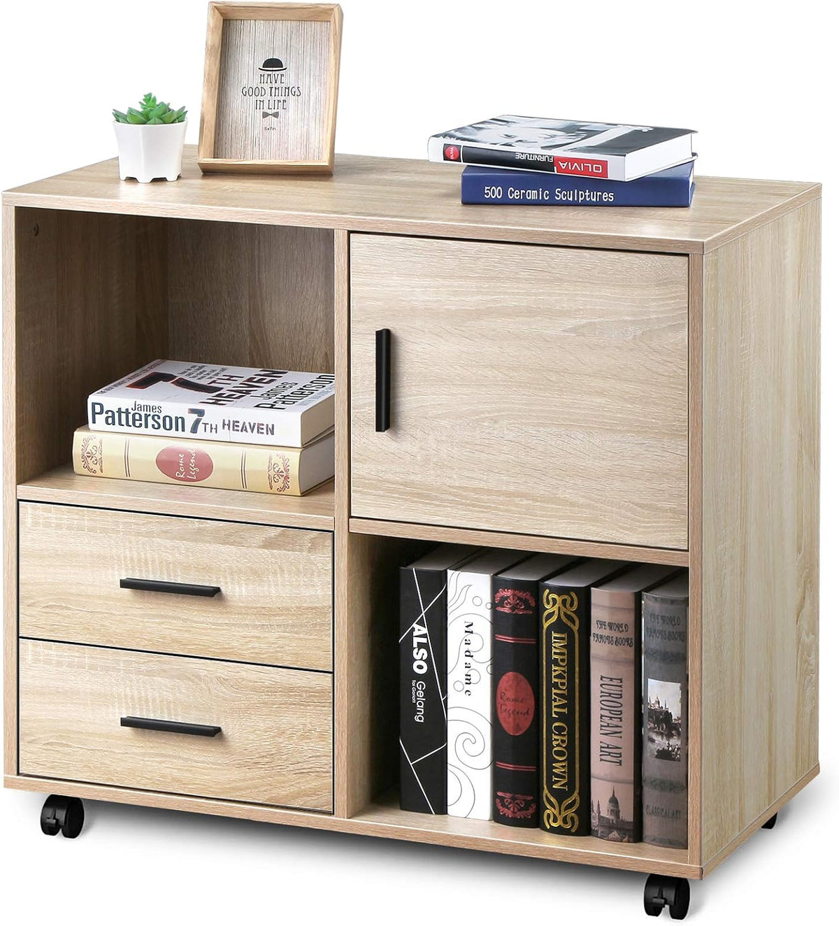 Oak Black 3 Drawer Mobile Wood File Cabinet with Wheels N7658