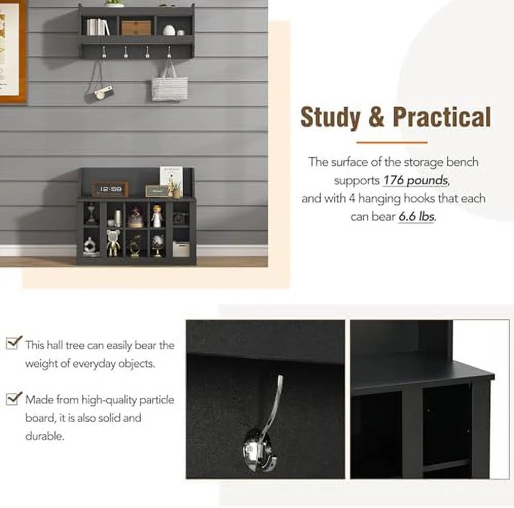Black Entryway Hall Tree with Shoe Cabinet Bench and 8 Hooks Y982348