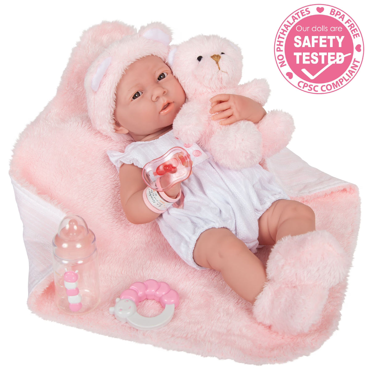 15 inch All-Vinyl Baby Doll In Pink And White With Deluxe Accessories K37770