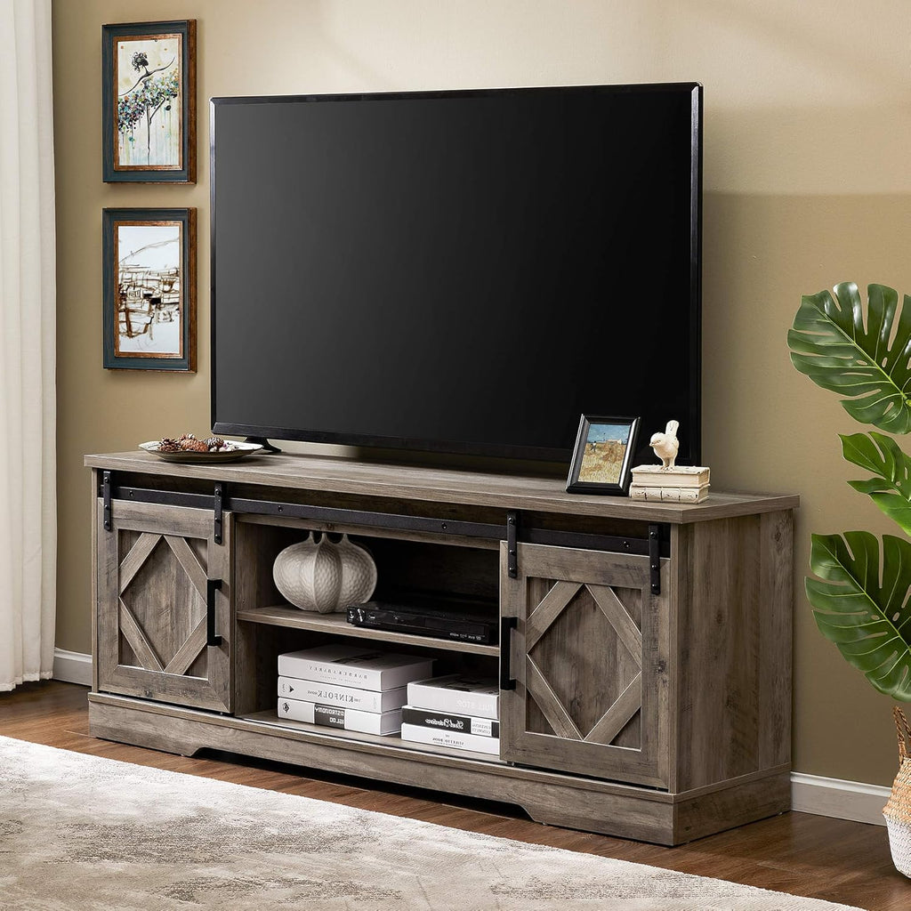 Farmhouse Sliding Barn Door TV Stand, Wood Media Console Table Cabinet 3-Level Adjustable Shelf, Wash Grey Y3816