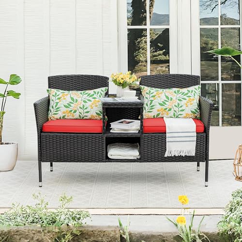 Beige Rattan 2-Seat Patio Loveseat with Cushions U9235