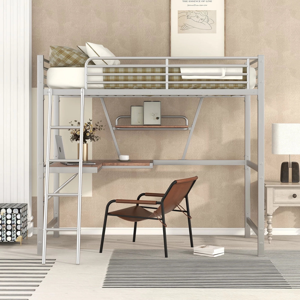 Metal Loft Bed with Desk and Shelf T457017