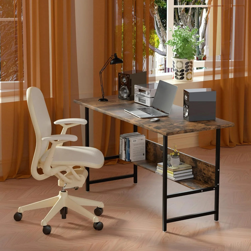 55" Wood Office Desk with Metal Legs and Book Shelf W37143
