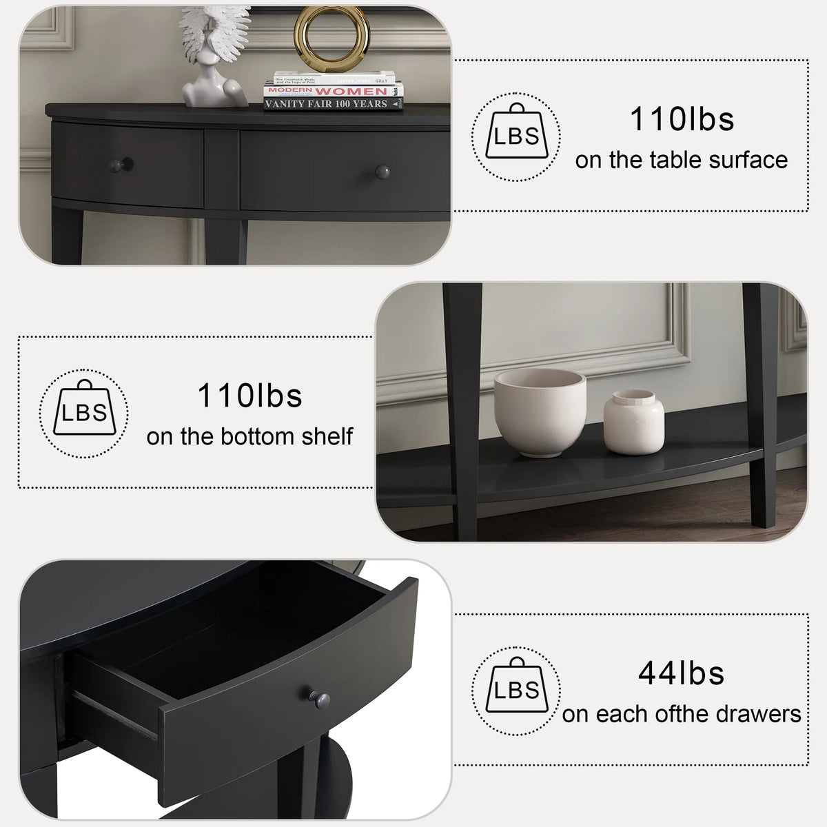 Black Curved Console Table with 3 Drawers L2715