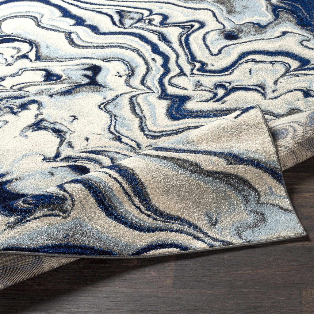 Abstract Coastal Area Rug - Marble Swirl Pattern - Ombre Blue, Royal Blue, Navy Blue, Grey, White - 5'3" x 7'3" V6096