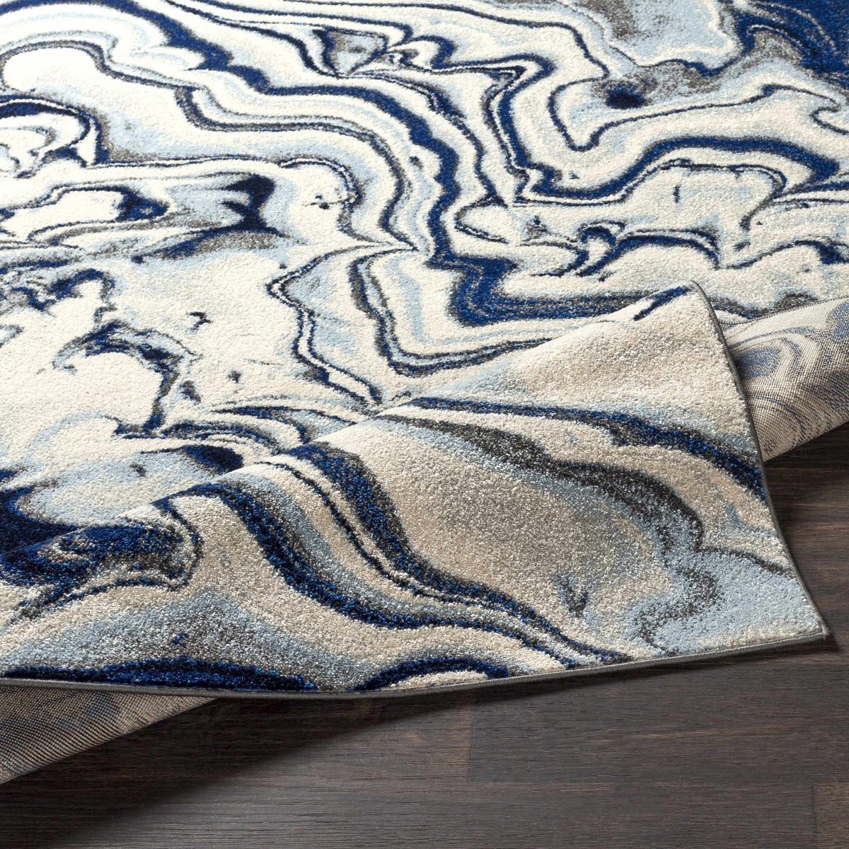 Abstract Coastal Area Rug - Marble Swirl Pattern - Ombre Blue, Royal Blue, Navy Blue, Grey, White - 5'3" x 7'3" V6096