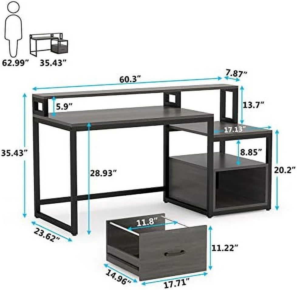 60 inch Computer Desk with File Drawer and Shelves D950
