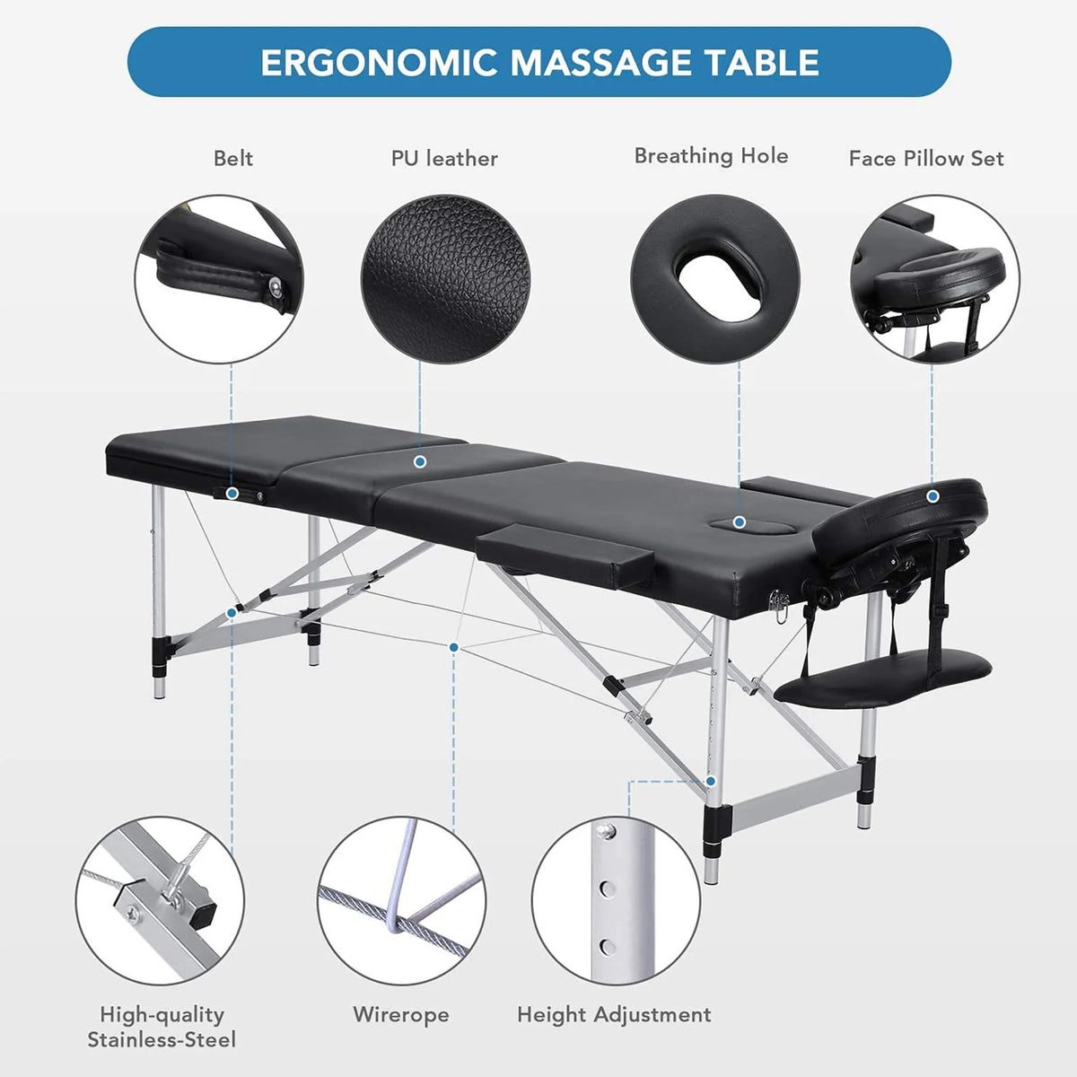Portable Height Adjustable 3 Sections Wooden Massage Table with Face Hole and Carrying Bag Q204191