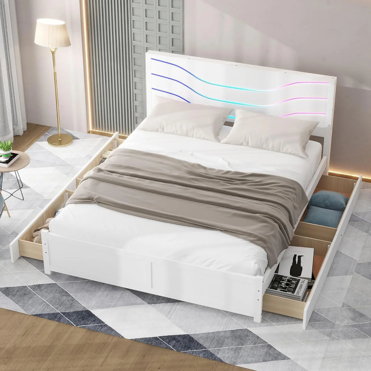 Queen Size Wood Platform Bed Frame with Headboard and 4 Storage Drawers P7893
