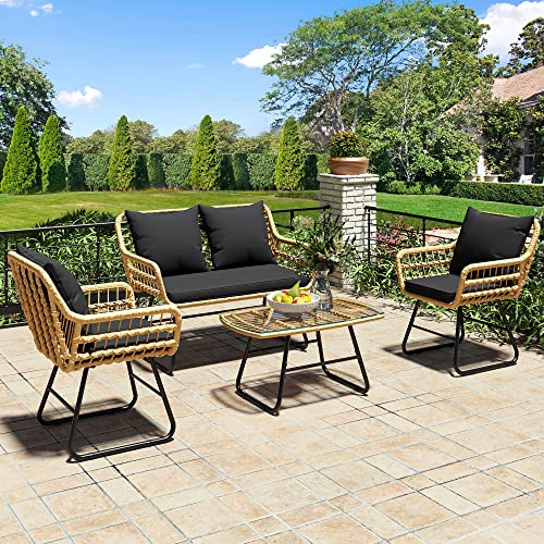 4-Piece Wicker Patio Bistro Set with Cushions and Metal Table F776