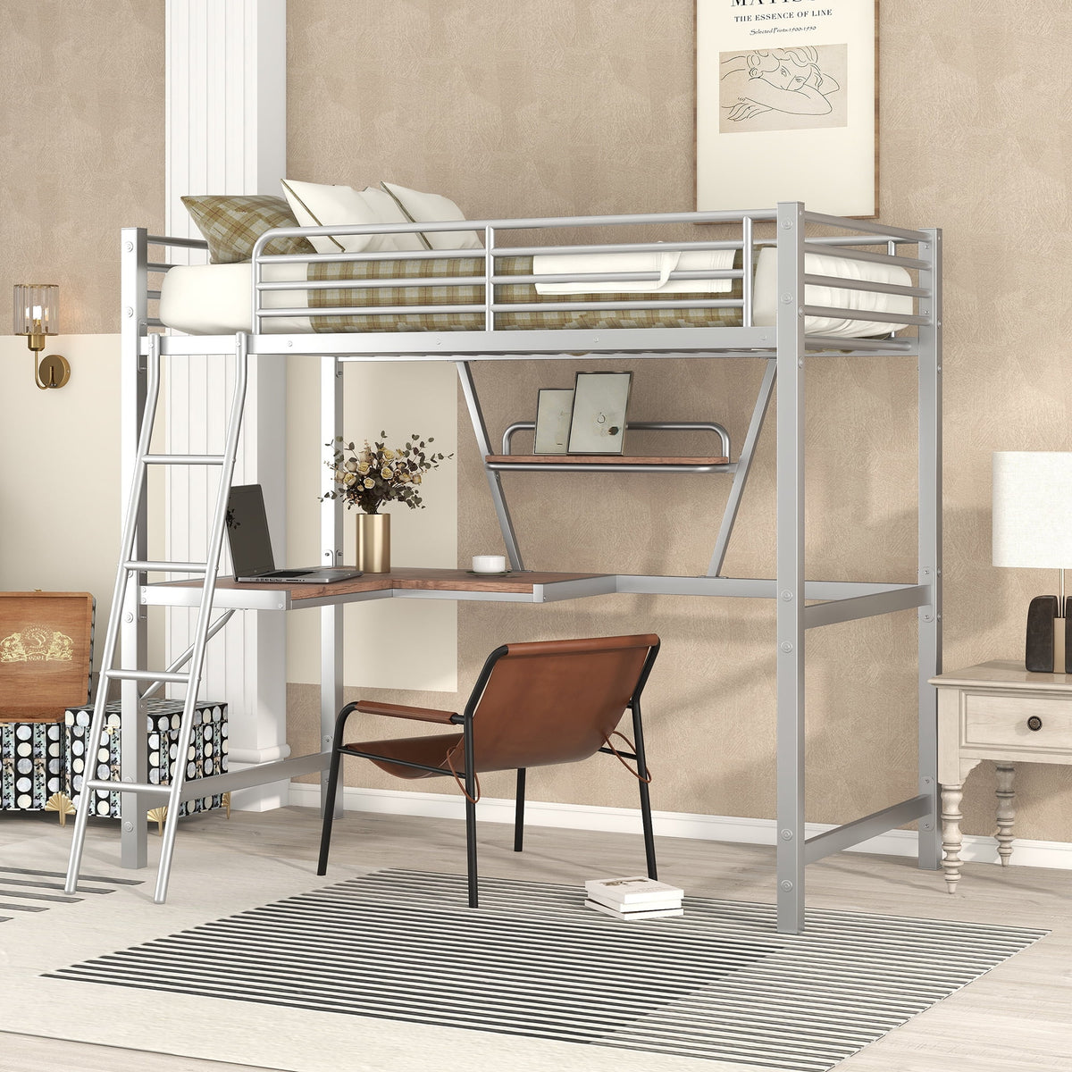 Metal Loft Bed with Desk and Shelf T457017