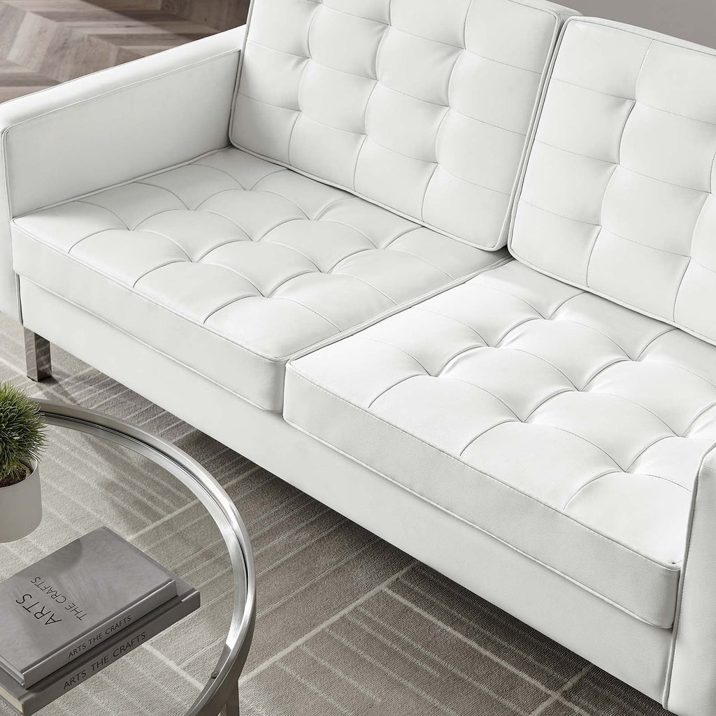 Silver White Tufted Vegan Leather Loveseat W6431