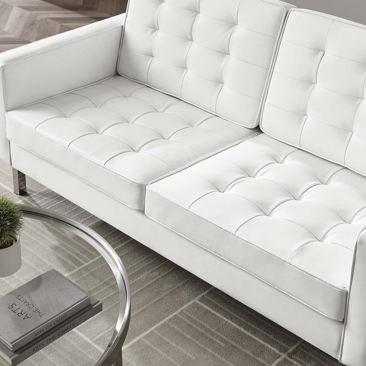 Silver White Tufted Vegan Leather Loveseat W6431