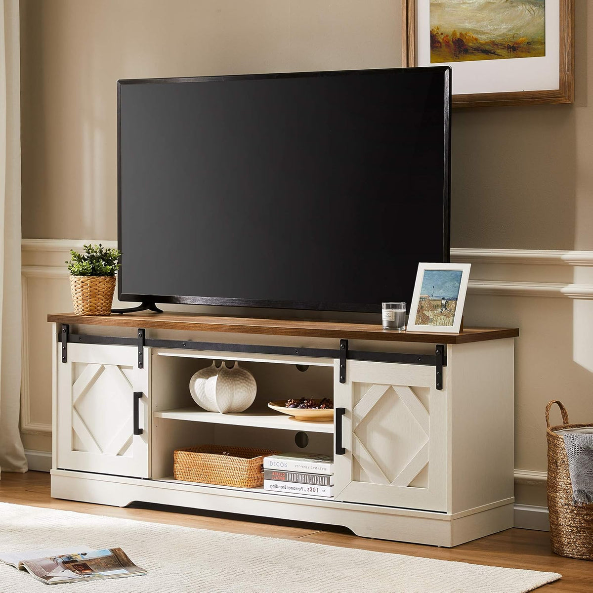 Farmhouse Sliding Barn Door TV Stand, Wood Media Console Table Cabinet 3-Level Adjustable Shelf, Wash Grey Y3816