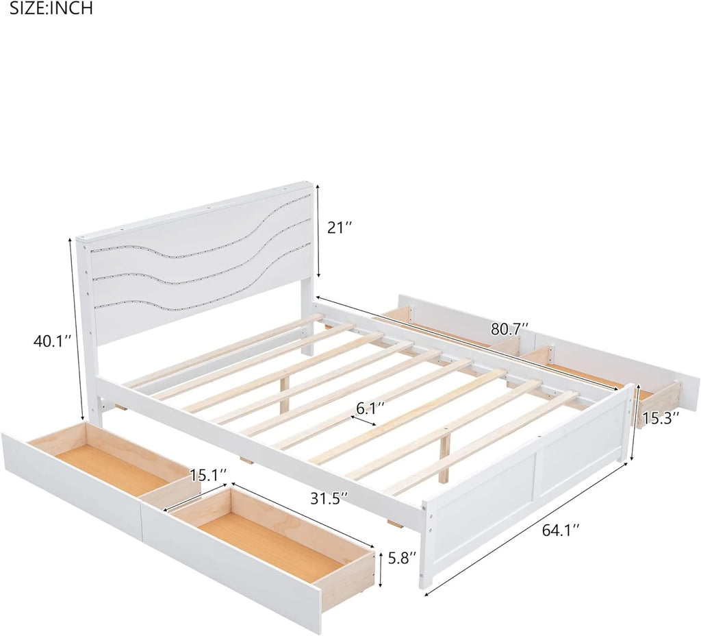 Queen Size Wood Platform Bed Frame with Headboard and 4 Storage Drawers P7893