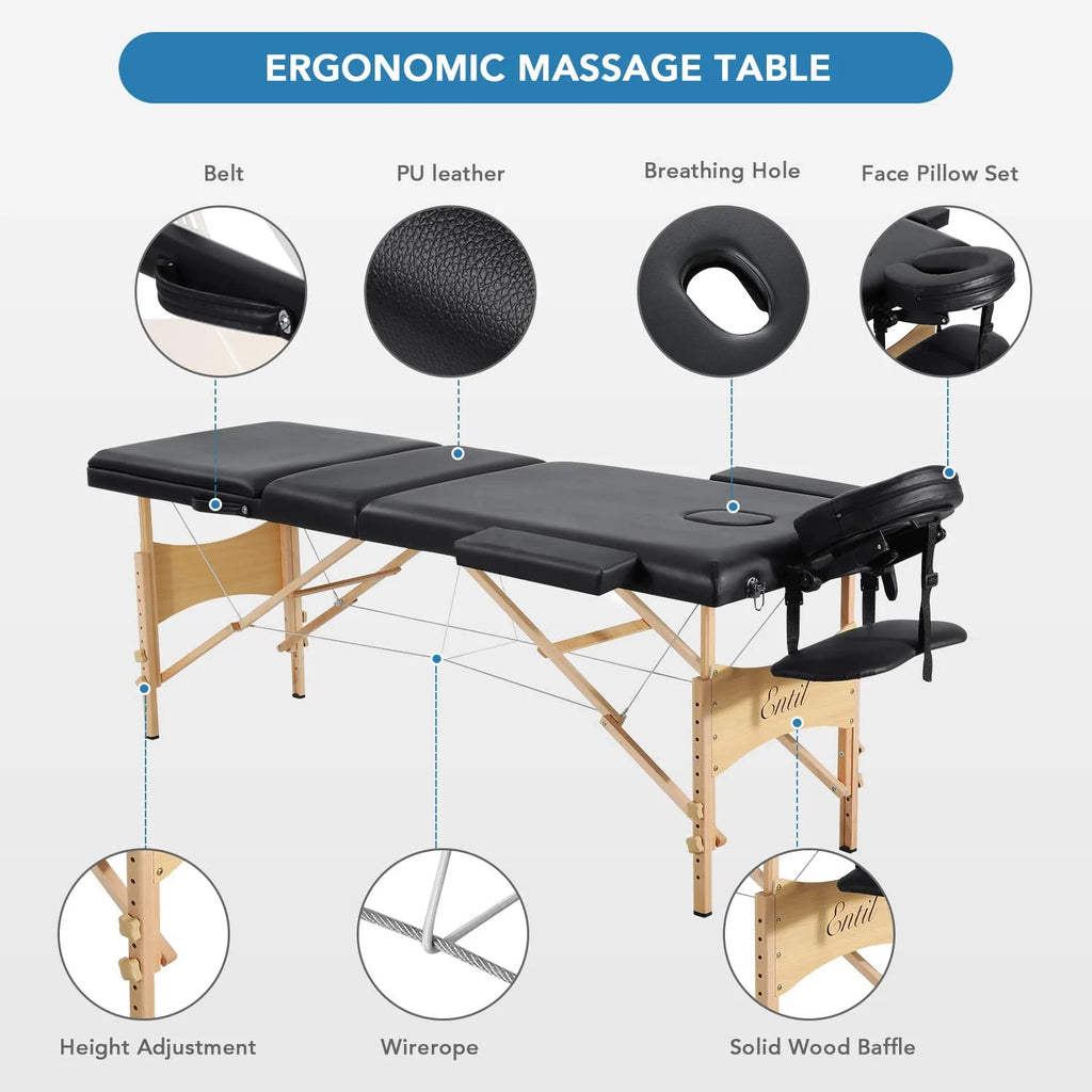 Portable Height Adjustable 3 Sections Wooden Massage Table with Face Hole and Carrying Bag Q204191