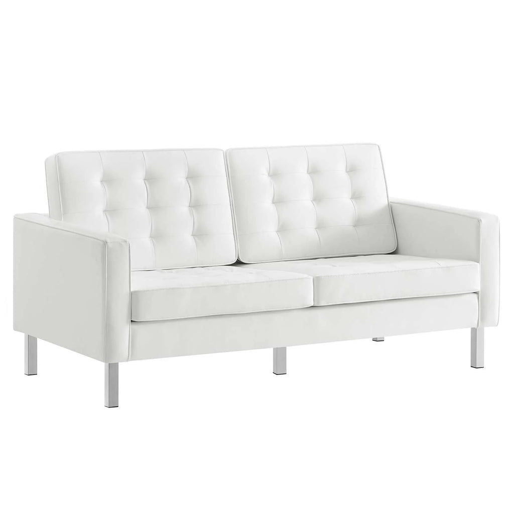 Silver White Tufted Vegan Leather Loveseat W6431