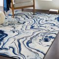 Abstract Coastal Area Rug - Marble Swirl Pattern - Ombre Blue, Royal Blue, Navy Blue, Grey, White - 5'3" x 7'3" V6096