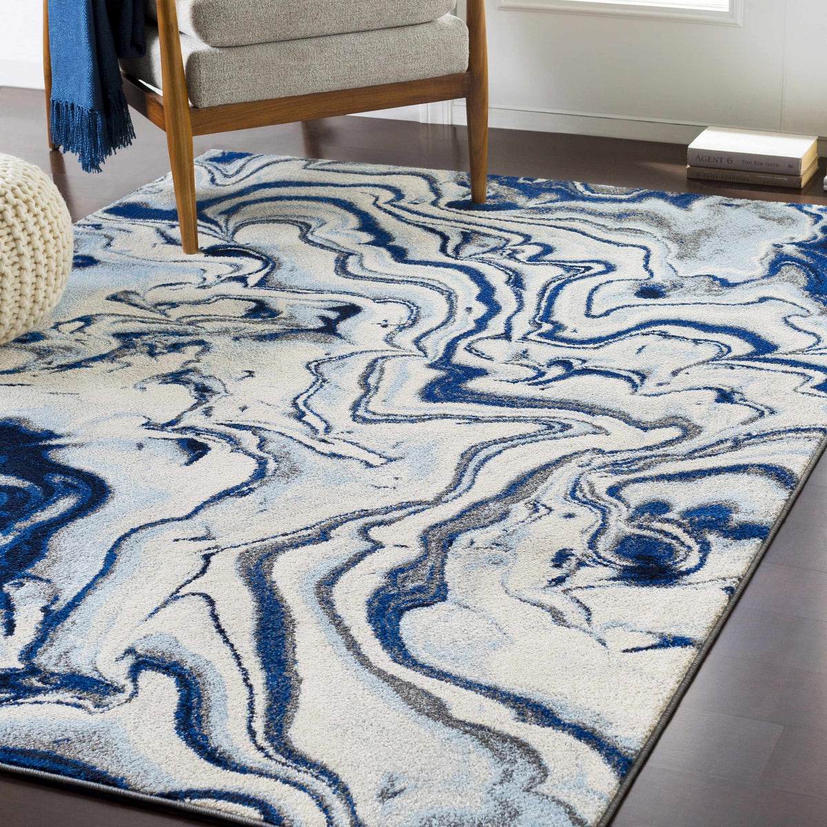 Abstract Coastal Area Rug - Marble Swirl Pattern - Ombre Blue, Royal Blue, Navy Blue, Grey, White - 5'3" x 7'3" V6096