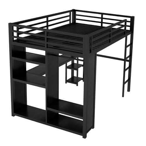 Full Size White Metal Loft Bed with Desk and Wardrobe B67150