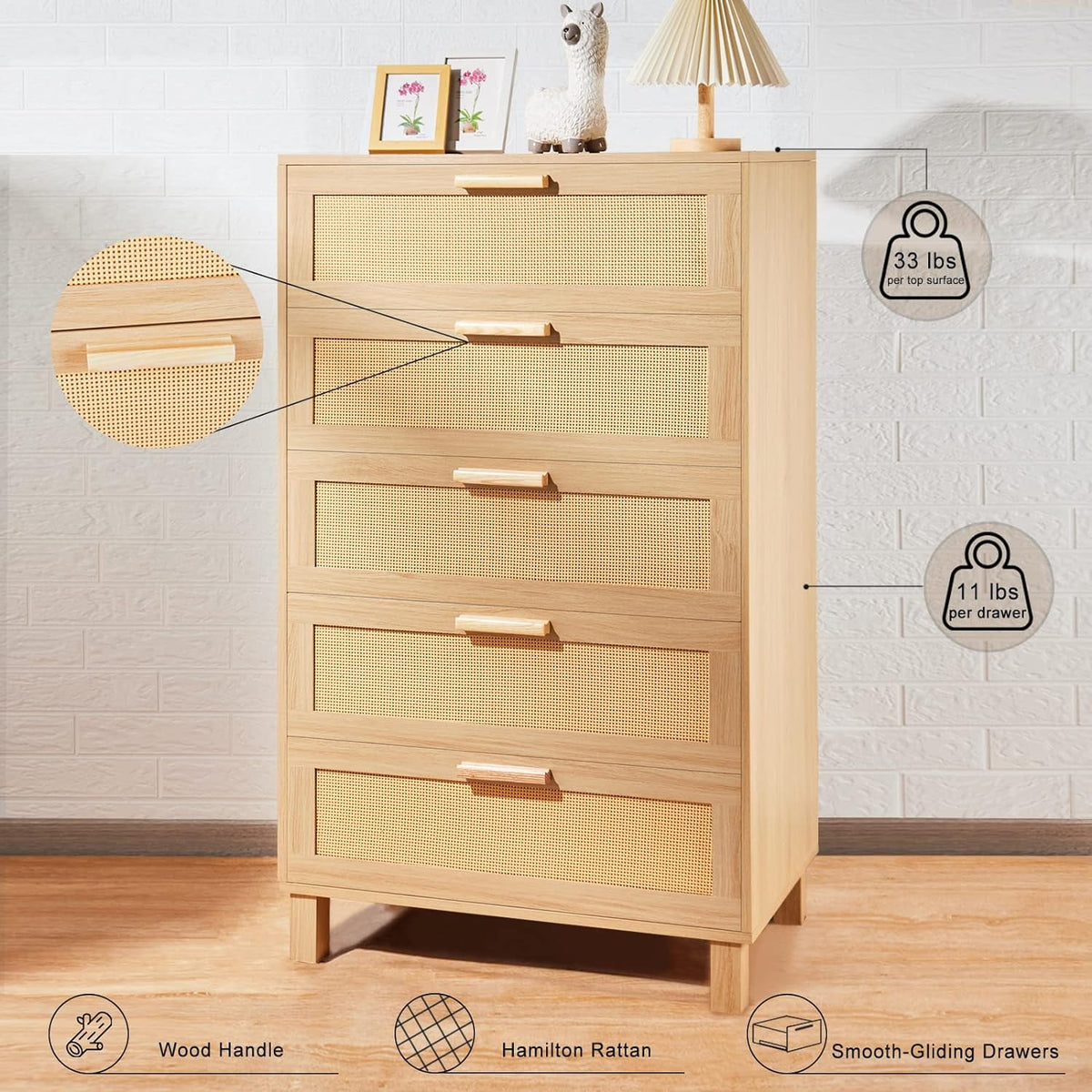 Oak 5 Drawer Rattan Dresser U829044